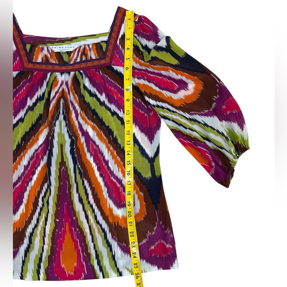 Women Silk Trina Turk butterfly puff sleeves top in multi-color 100% silk Size M - Picture 4 of 9